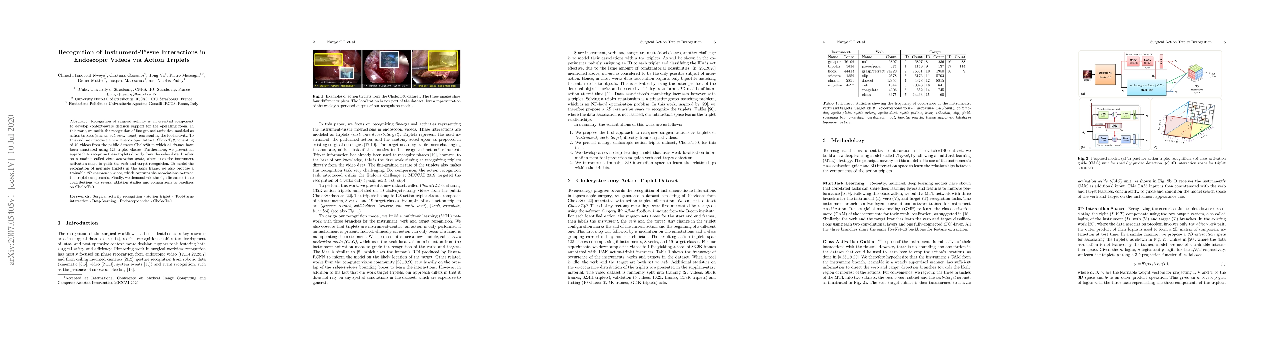 Thumbnail for Recognition of Instrument-Tissue Interactions in Endoscopic Videos via
  Action Triplets