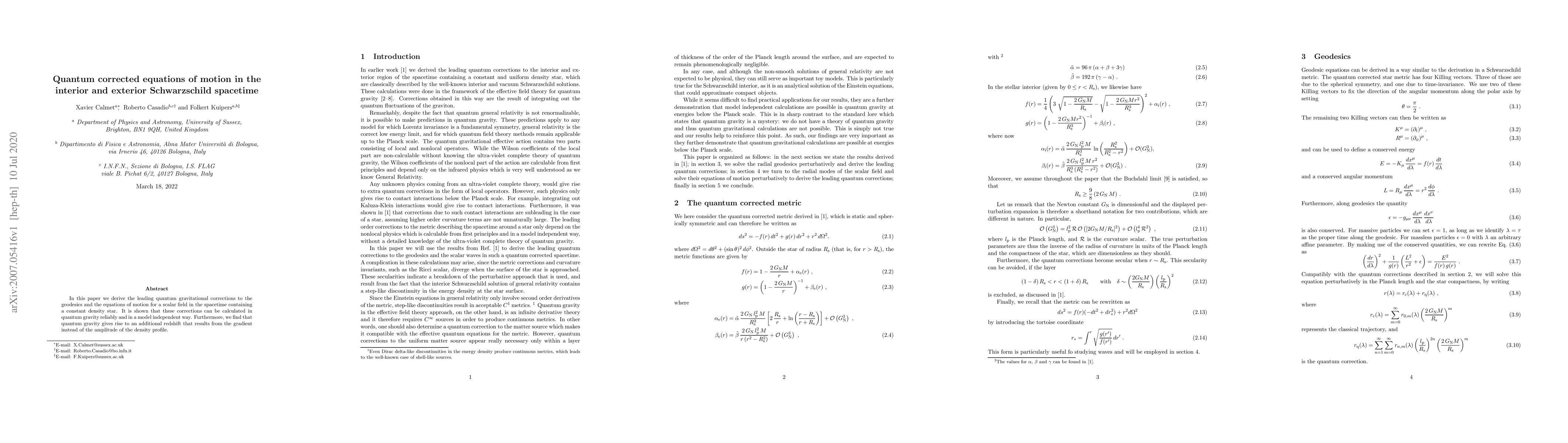 Thumbnail for Quantum corrected equations of motion in the interior and exterior
  Schwarzschild spacetime