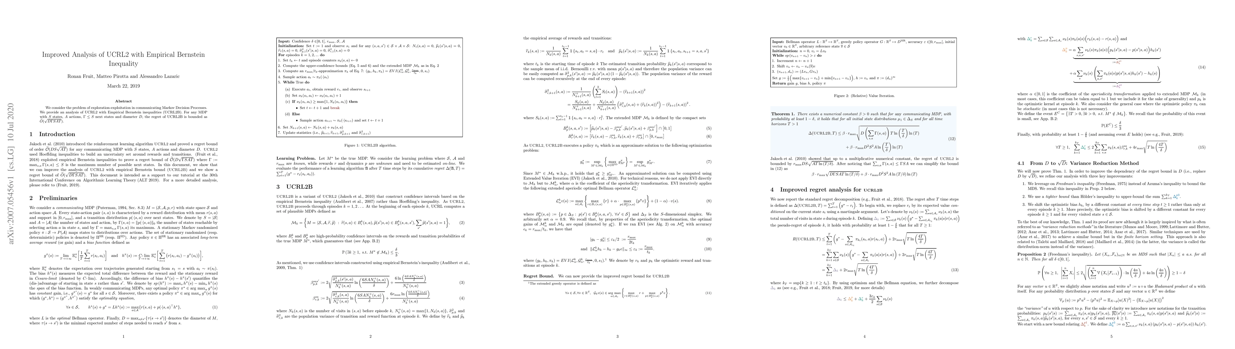 Thumbnail for Improved Analysis of UCRL2 with Empirical Bernstein Inequality