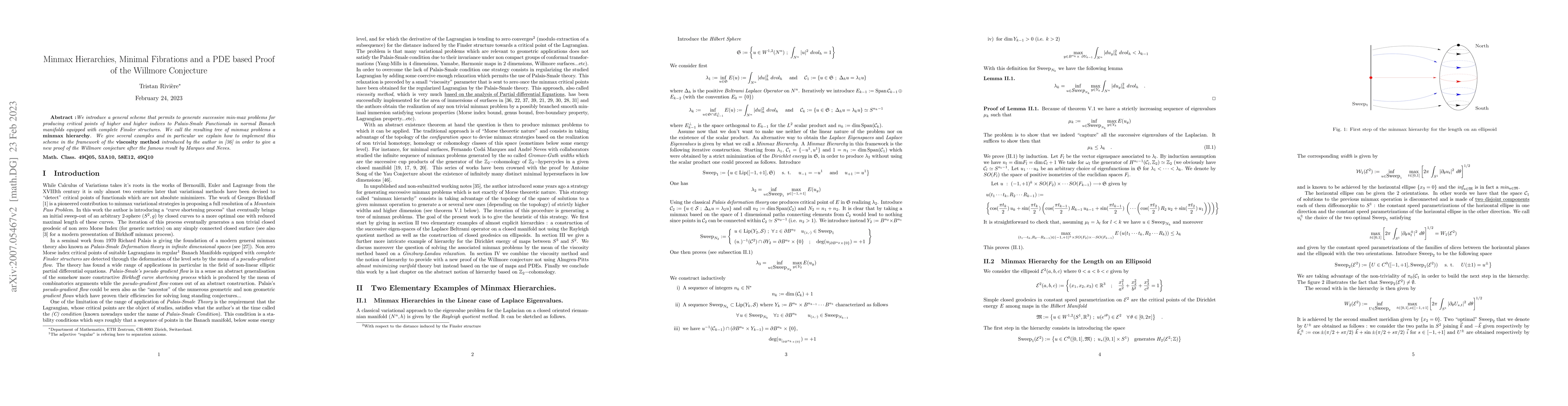 Thumbnail for Minmax Hierarchies, Minimal Fibrations and a PDE based Proof of the
  Willmore Conjecture