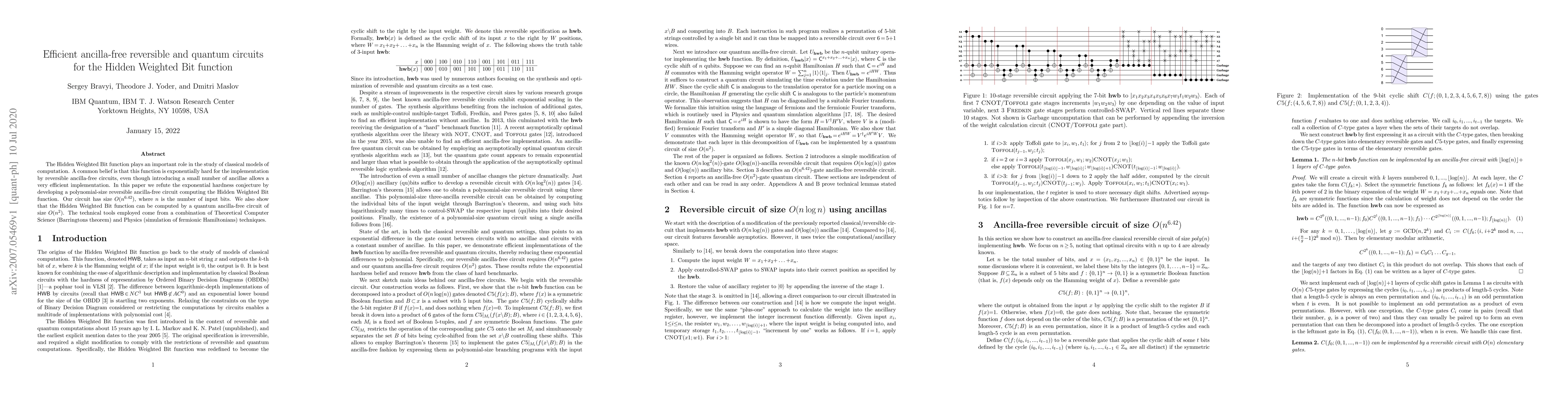 Thumbnail for Efficient ancilla-free reversible and quantum circuits for the Hidden
  Weighted Bit function