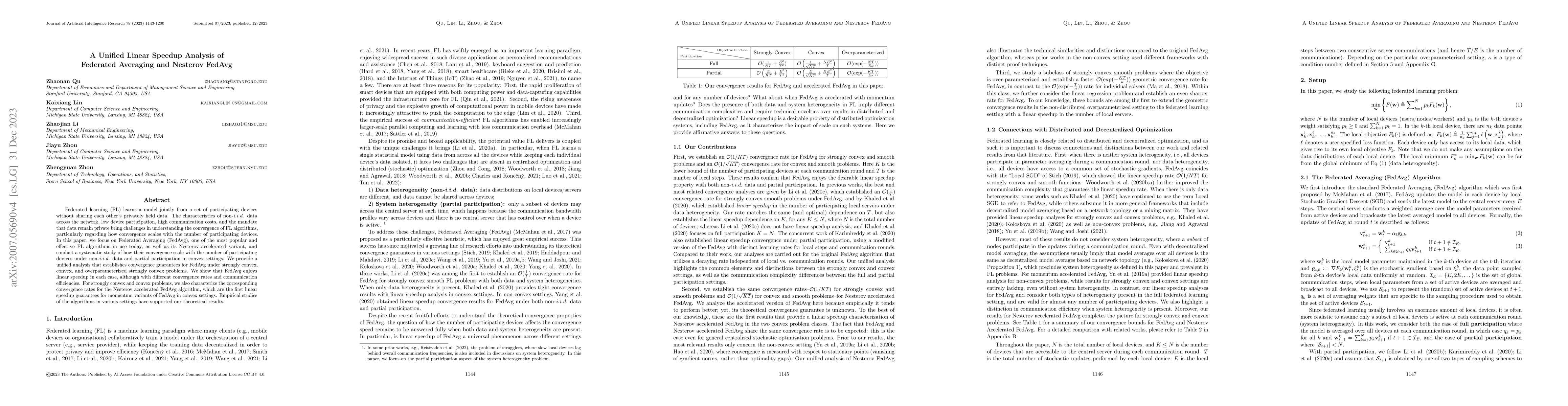 Thumbnail for A Unified Linear Speedup Analysis of Federated Averaging and Nesterov
  FedAvg