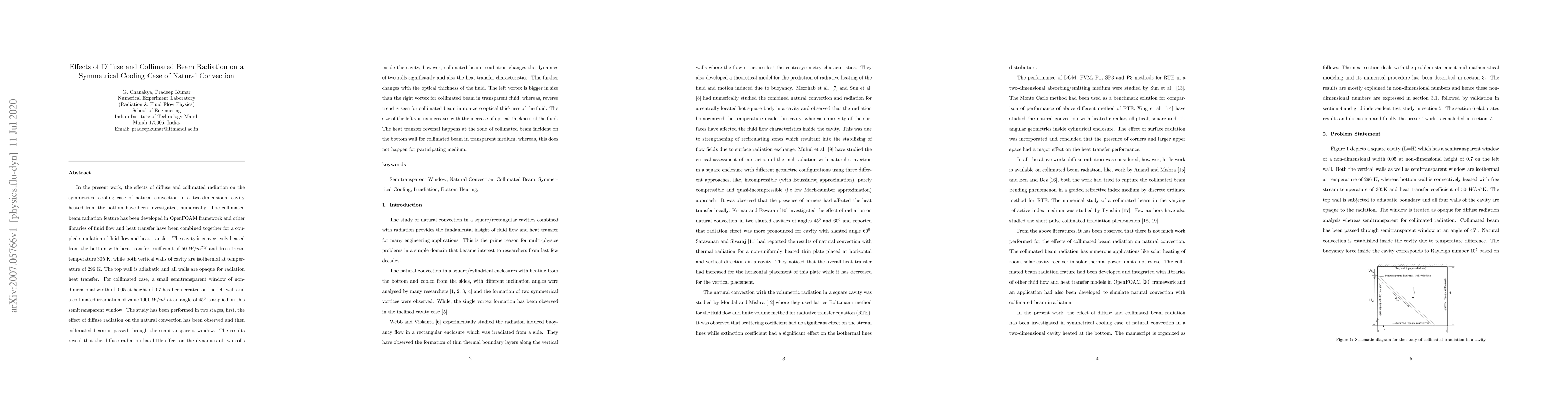 Thumbnail for Effects of Diffuse and Collimated Beam Radiation on a Symmetrical
  Cooling Case of Natural Convection