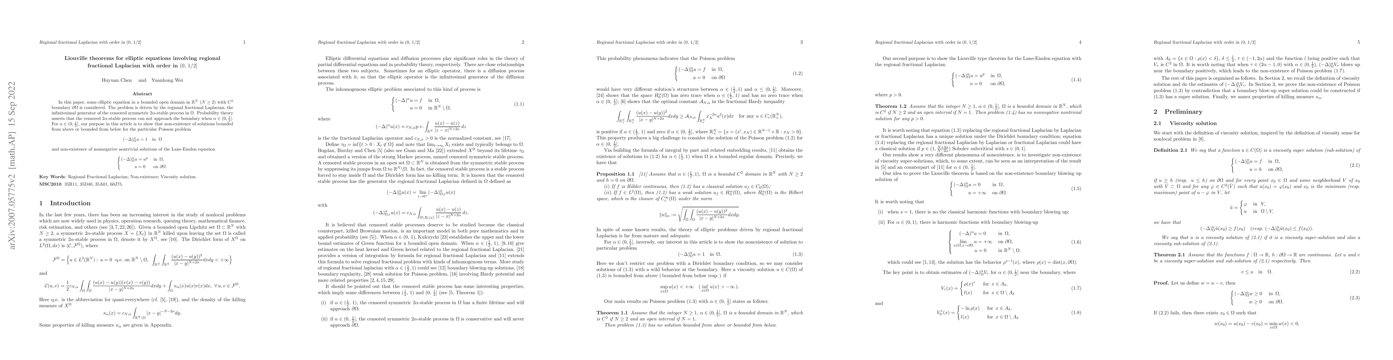 Thumbnail for Liouville theorems for elliptic equations involving regional fractional
  Laplacian with order in $(0,\,1/2]$