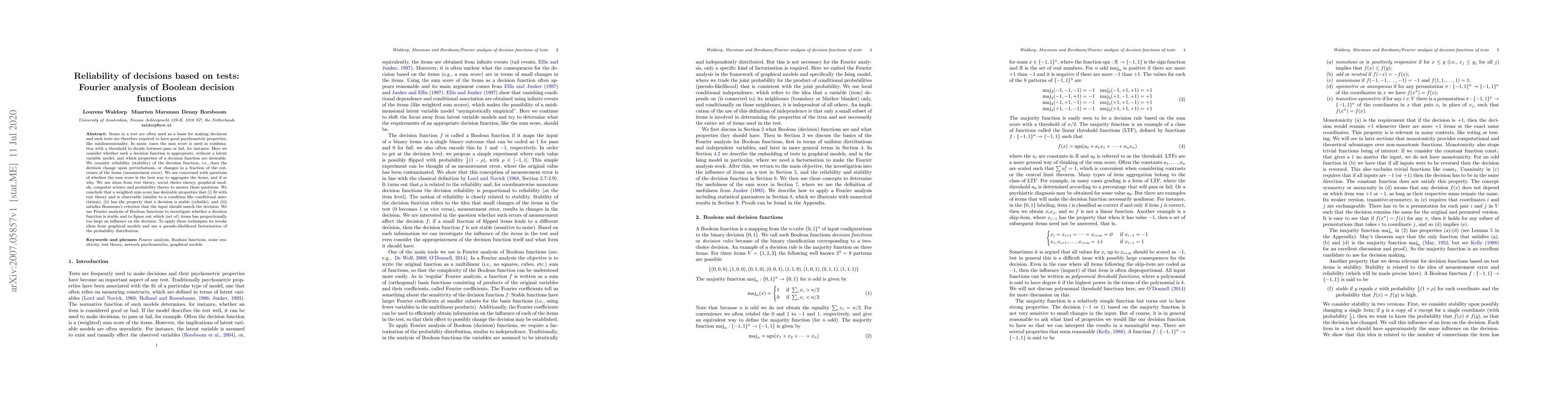 Thumbnail for Reliability of decisions based on tests: Fourier analysis of Boolean
  decision functions
