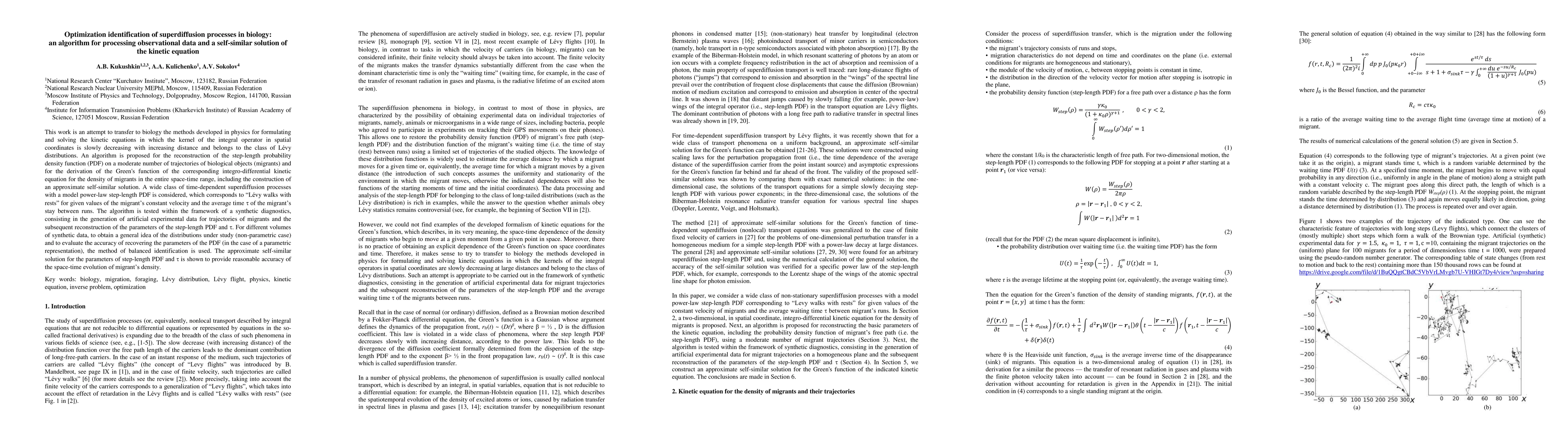 Thumbnail for Optimization identification of superdiffusion processes in biology: an
  algorithm for processing observational data and a self-similar solution of
  the kinetic equation