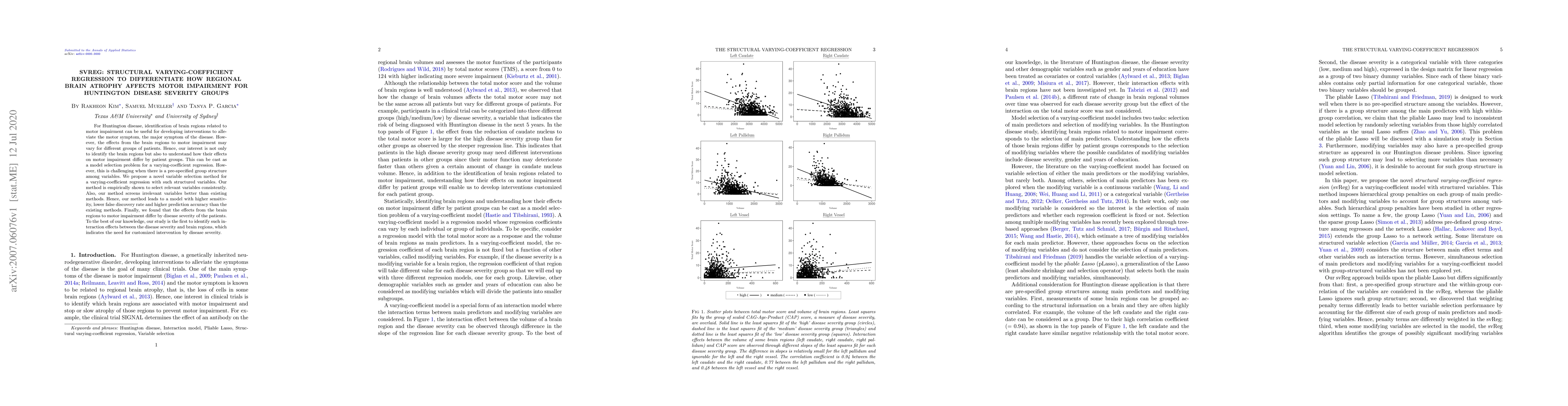 Thumbnail for svReg: Structural Varying-coefficient regression to differentiate how
  regional brain atrophy affects motor impairment for Huntington disease
  severity groups