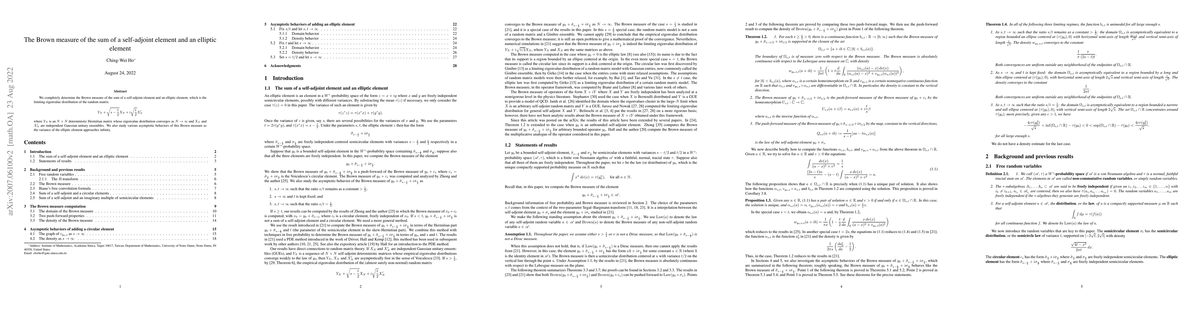 Thumbnail for The Brown measure of the sum of a self-adjoint element and an elliptic
  element