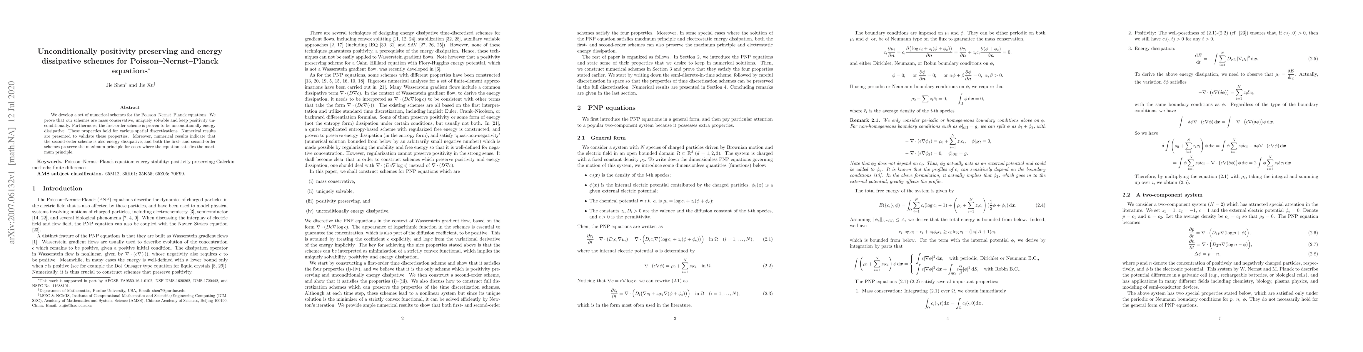 Thumbnail for Unconditionally positivity preserving and energy dissipative schemes for
  Poisson--Nernst--Planck equations