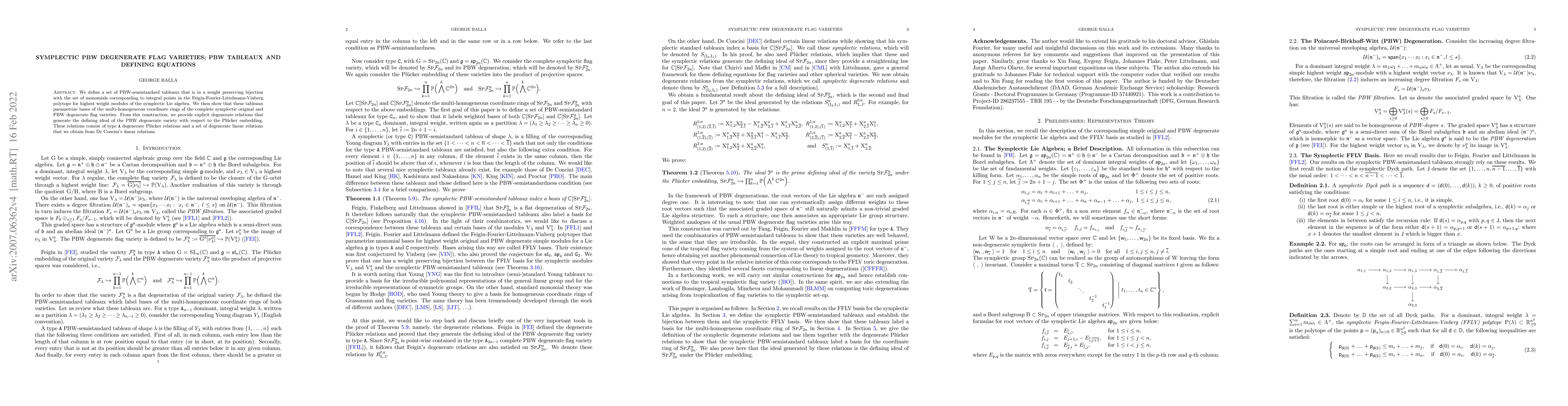 Thumbnail for Symplectic PBW Degenerate Flag Varieties; PBW Tableaux and Defining
  Equations