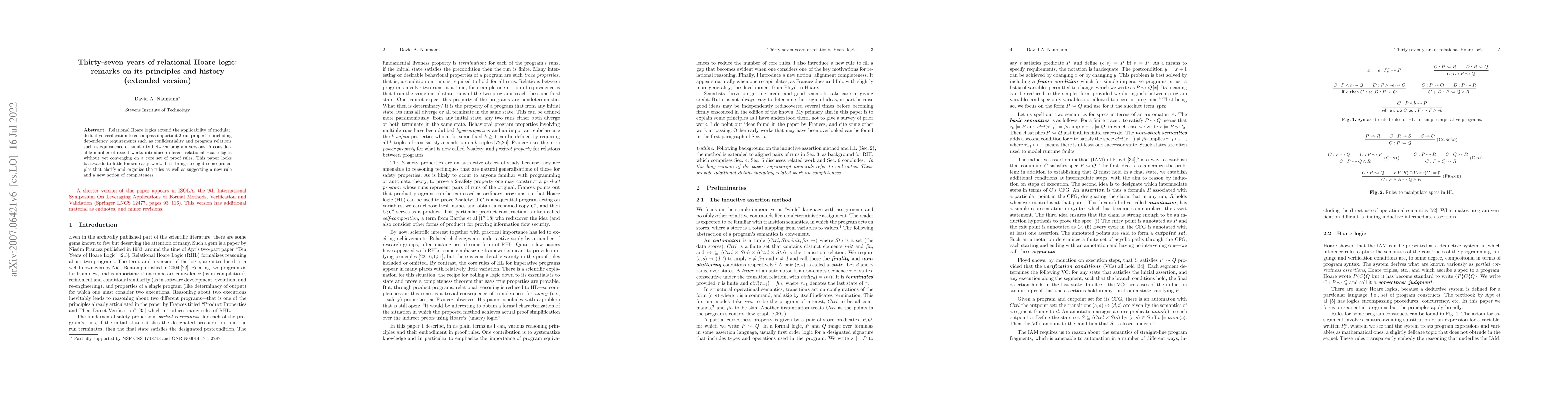 Thumbnail for Thirty-seven years of relational Hoare logic: remarks on its principles
  and history