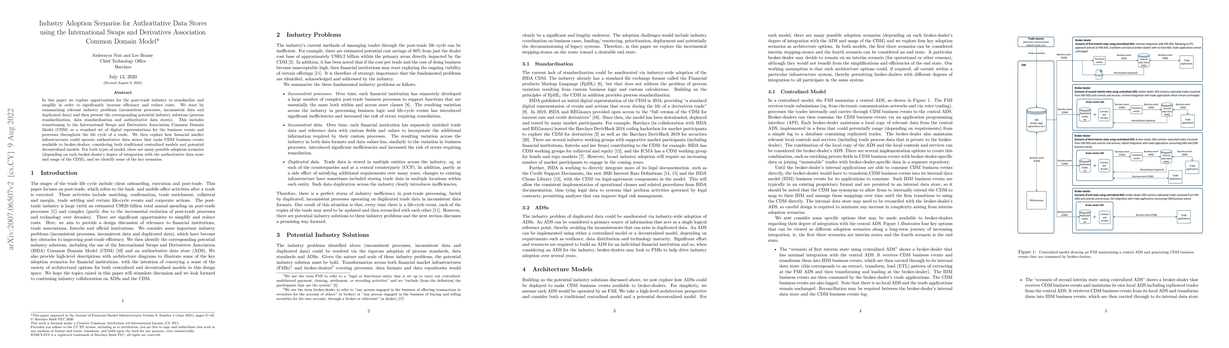 Thumbnail for Industry Adoption Scenarios for Authoritative Data Stores using the ISDA
  Common Domain Model
