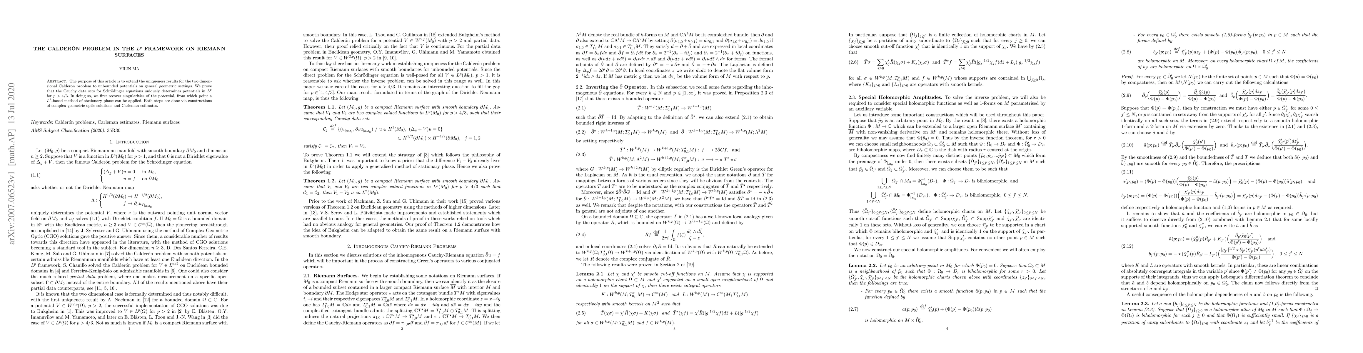 Thumbnail for The Calder\'on problem in the $L^p$ framework on Riemann surfaces