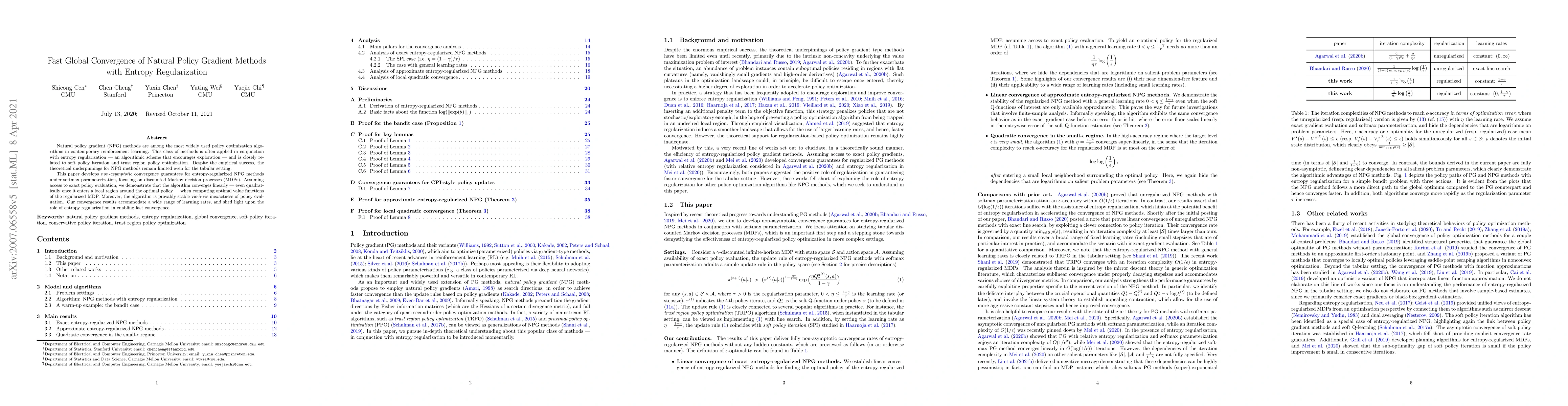 Thumbnail for Fast Global Convergence of Natural Policy Gradient Methods with Entropy
  Regularization