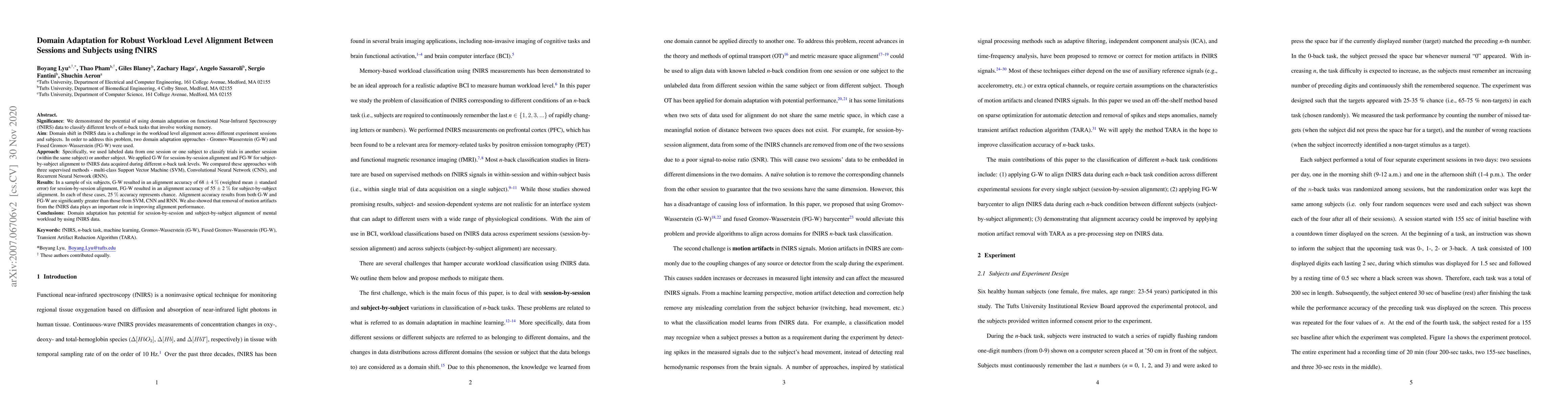 Thumbnail for Domain Adaptation for Robust Workload Level Alignment Between Sessions
  and Subjects using fNIRS