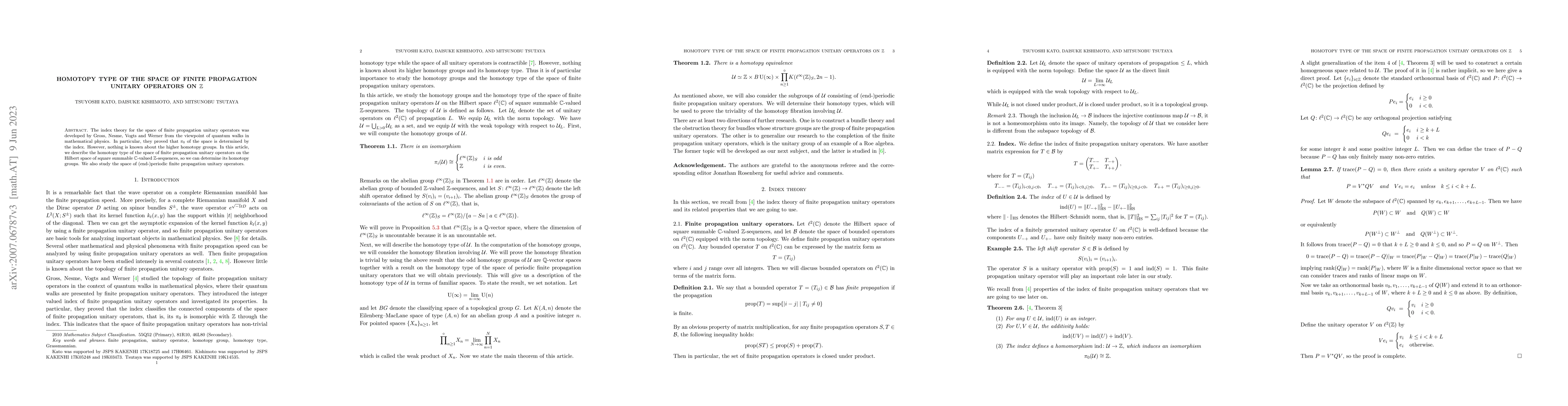 Thumbnail for Homotopy type of the space of finite propagation unitary operators on
  $\mathbb{Z}$