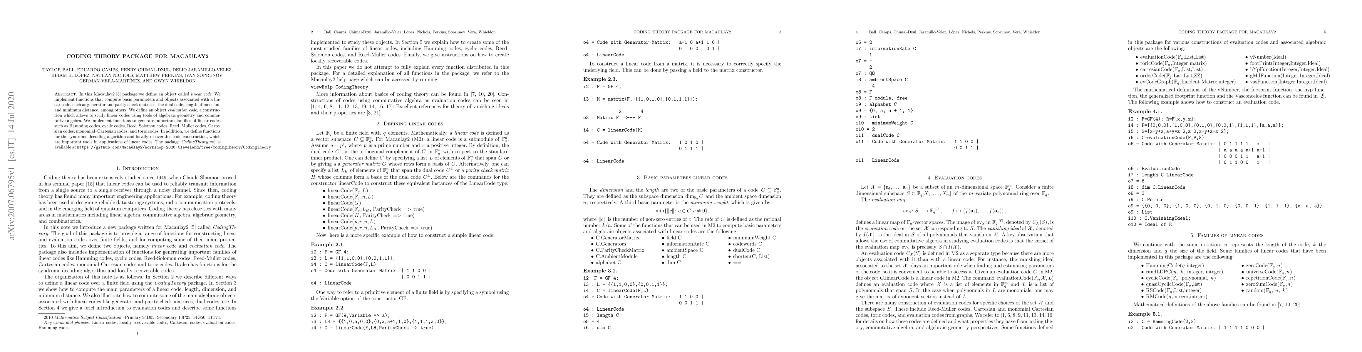 Thumbnail for Coding theory package for Macaulay2
