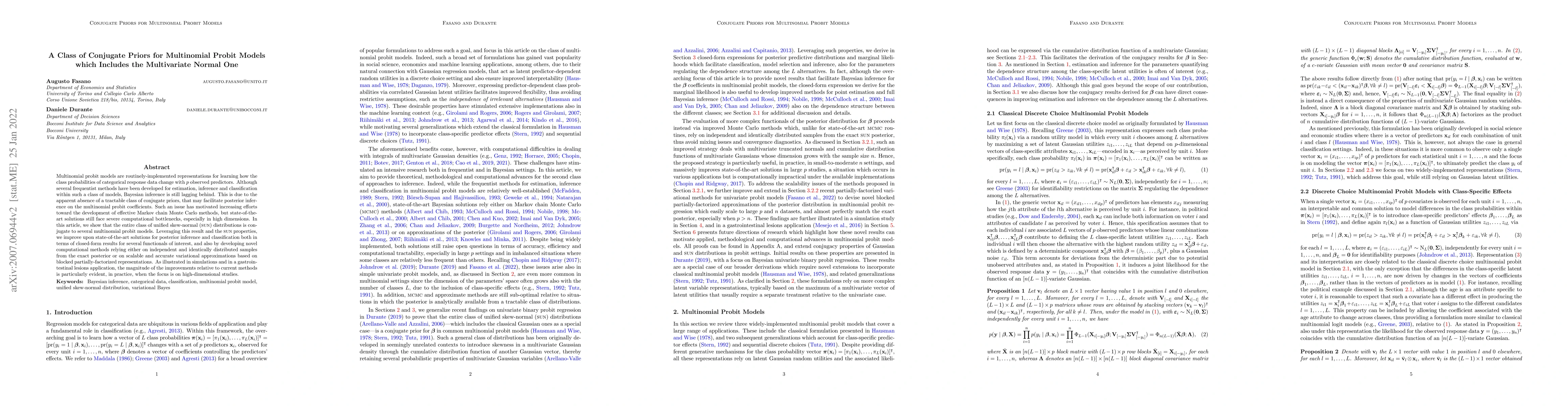 Thumbnail for A Class of Conjugate Priors for Multinomial Probit Models which Includes
  the Multivariate Normal One