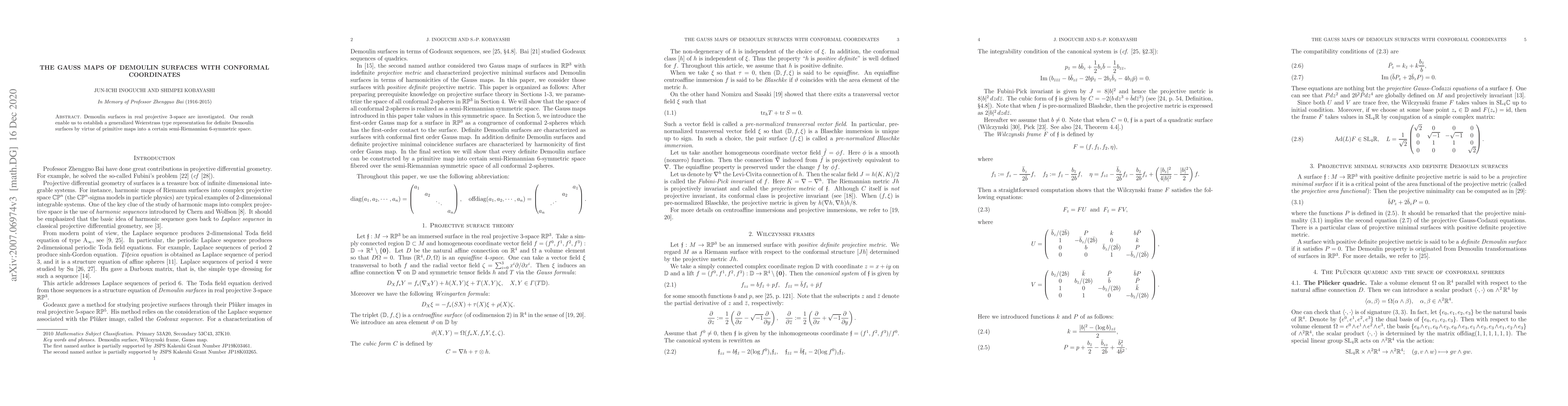 Thumbnail for The Gauss maps of Demoulin surfaces with conformal coordinates