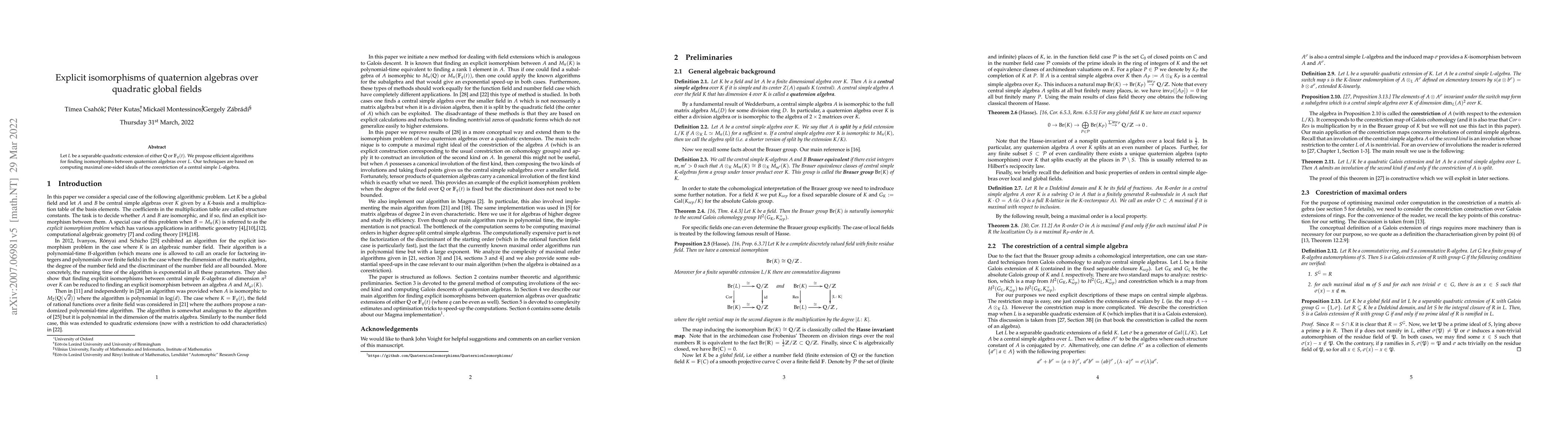 Thumbnail for Explicit isomorphisms of quaternion algebras over quadratic global
  fields
