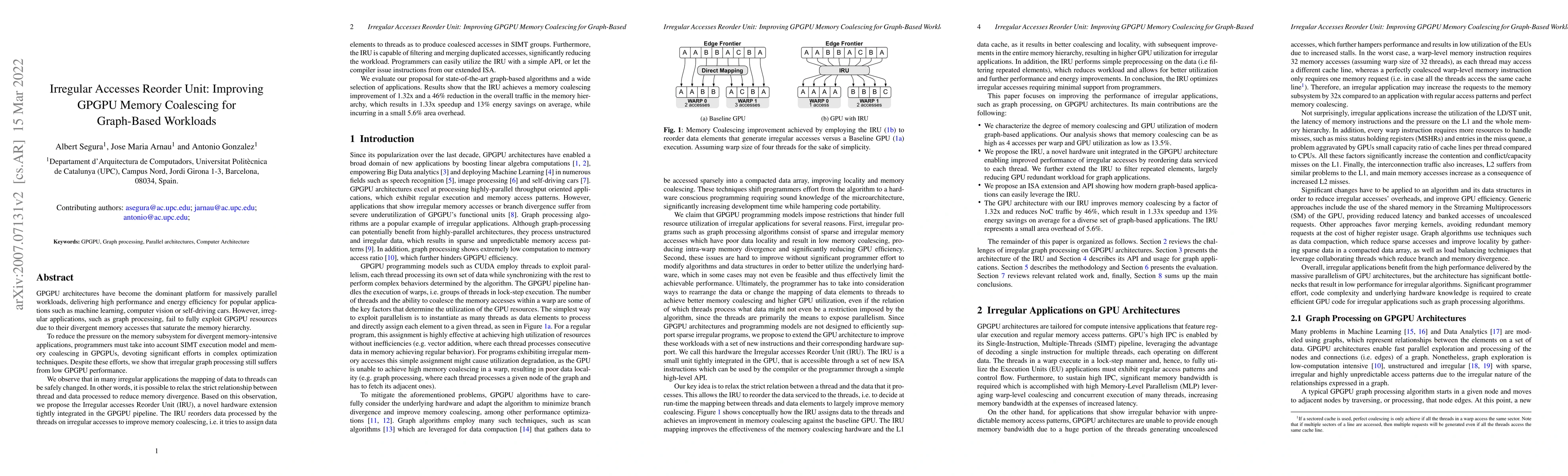 Thumbnail for Irregular Accesses Reorder Unit: Improving GPGPU Memory Coalescing for
  Graph-Based Workloads