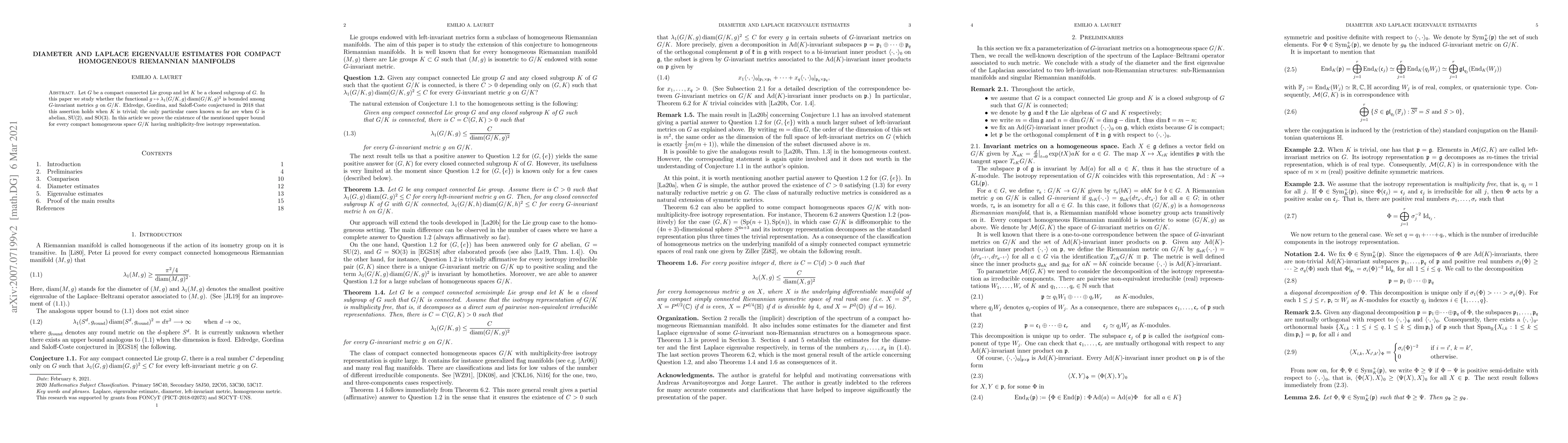 Thumbnail for Diameter and Laplace eigenvalue estimates for compact homogeneous
  Riemannian manifolds