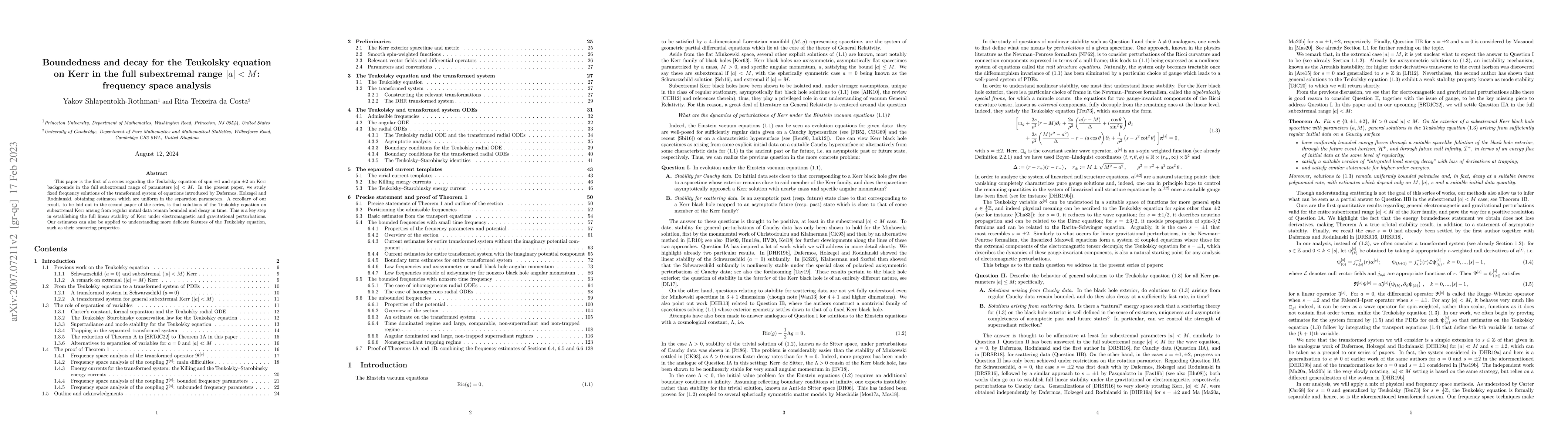 Thumbnail for Boundedness and decay for the Teukolsky equation on Kerr in the full
  subextremal range $|a|<M$: frequency space analysis