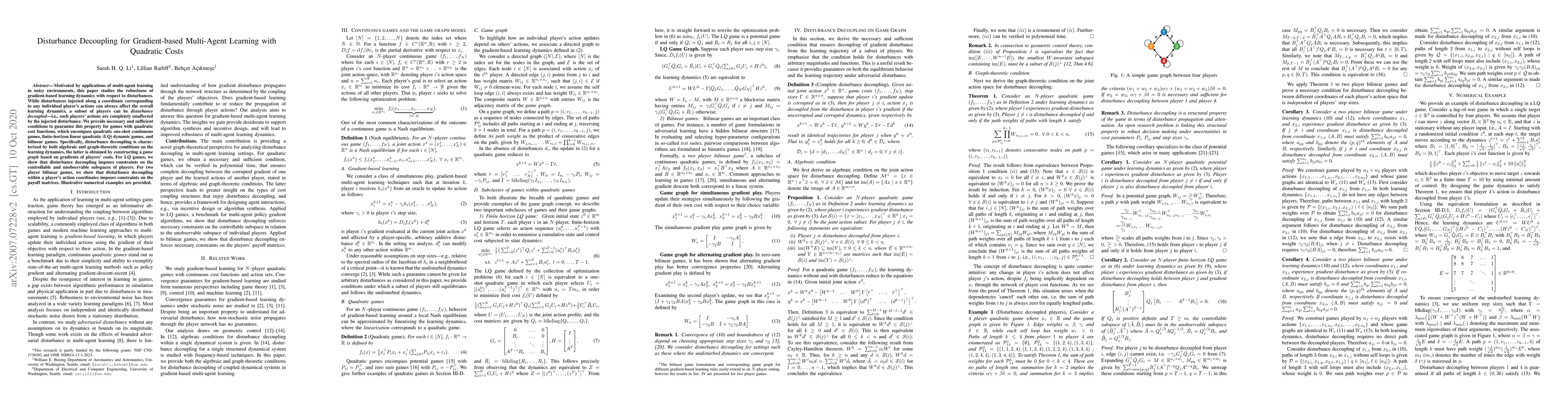 Thumbnail for Disturbance Decoupling for Gradient-based Multi-Agent Learning with
  Quadratic Costs