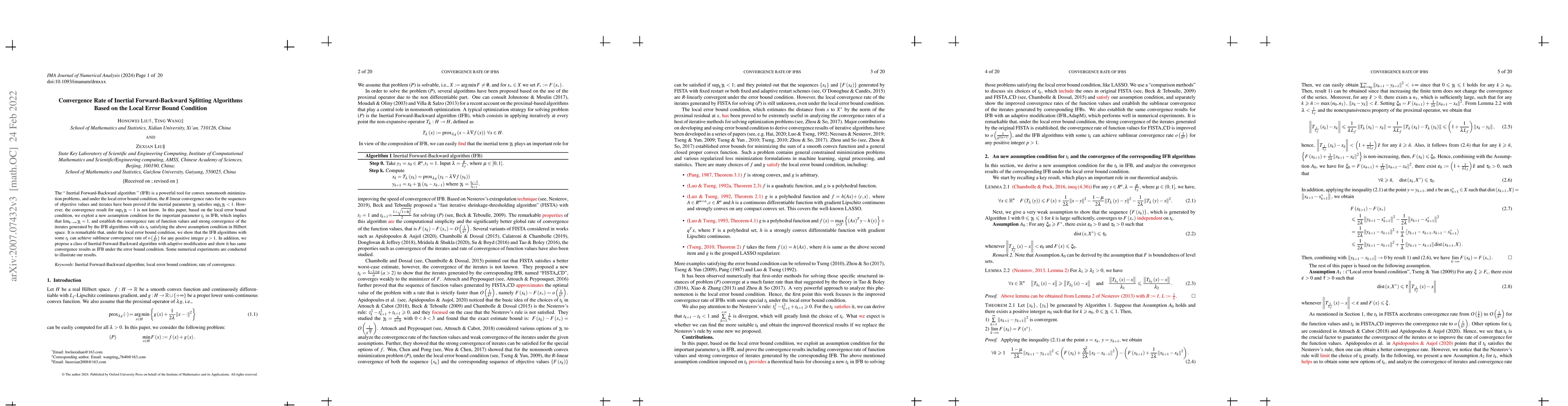 Thumbnail for Convergence Rate of Inertial Forward-Backward Algorithms Based on the
  Local Error Bound Condition