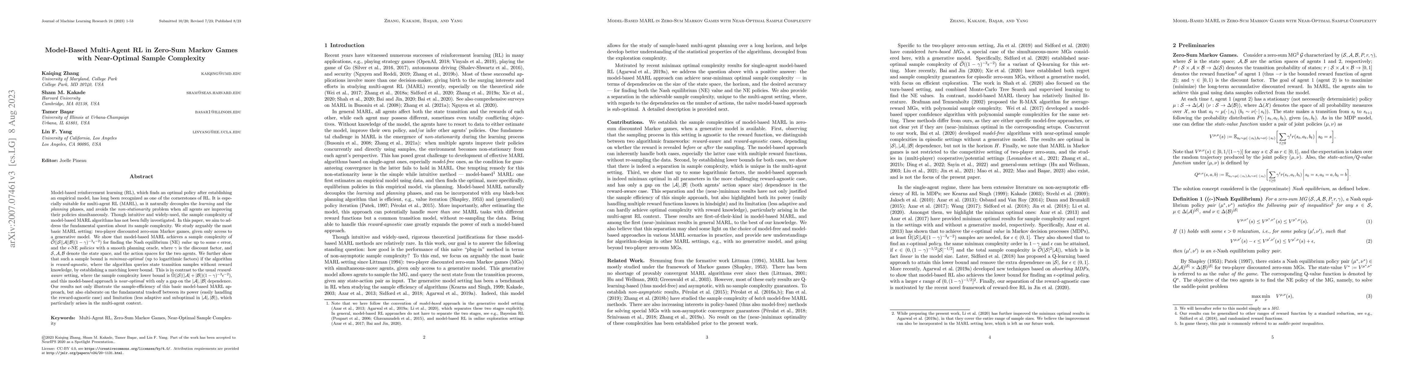 Thumbnail for Model-Based Multi-Agent RL in Zero-Sum Markov Games with Near-Optimal
  Sample Complexity