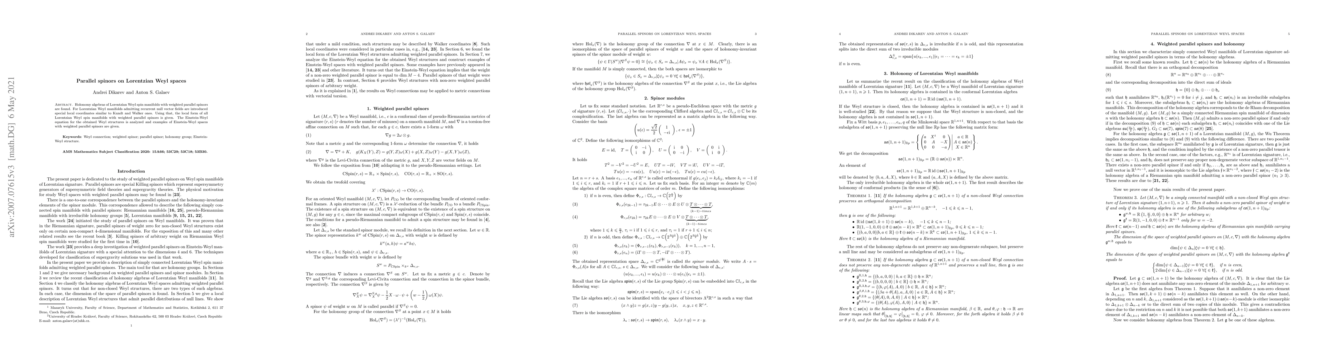 Thumbnail for Parallel spinors on Lorentzian Weyl spaces