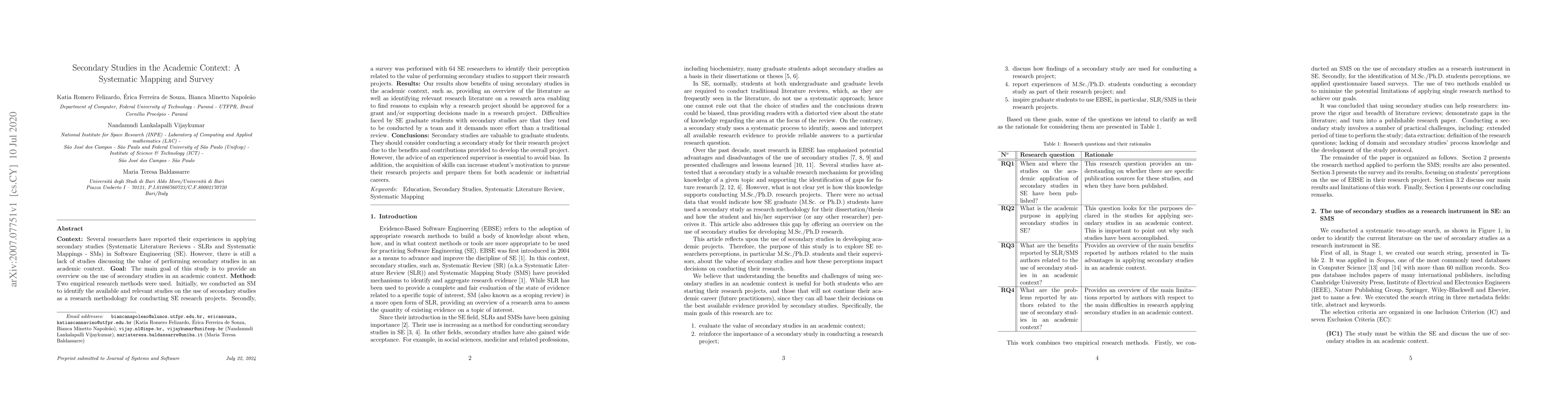 Thumbnail for Secondary Studies in the Academic Context: A Systematic Mapping and
  Survey