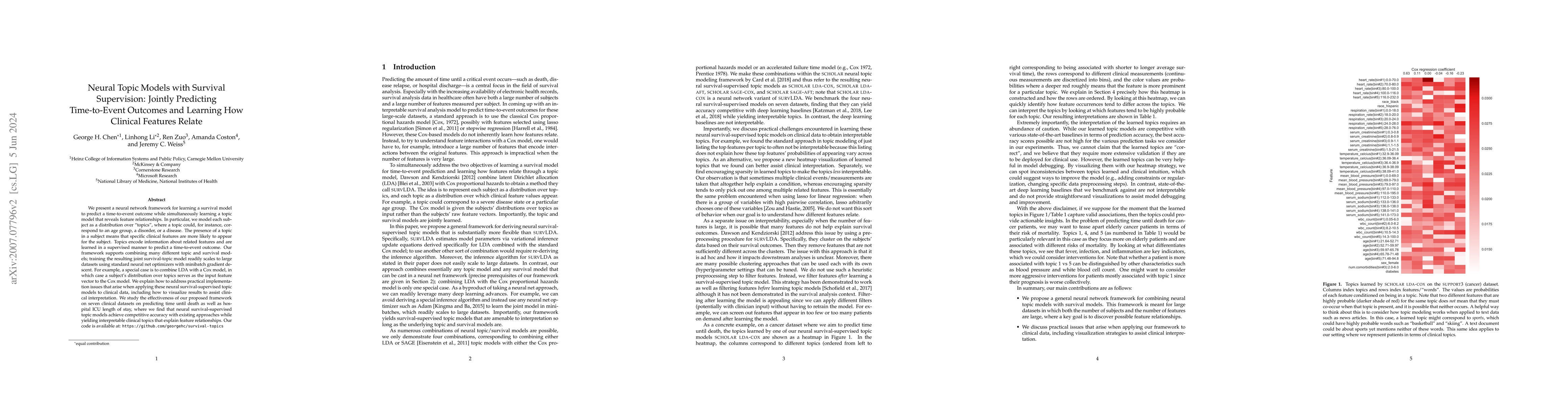 Thumbnail for Neural Topic Models with Survival Supervision: Jointly Predicting
  Time-to-Event Outcomes and Learning How Clinical Features Relate