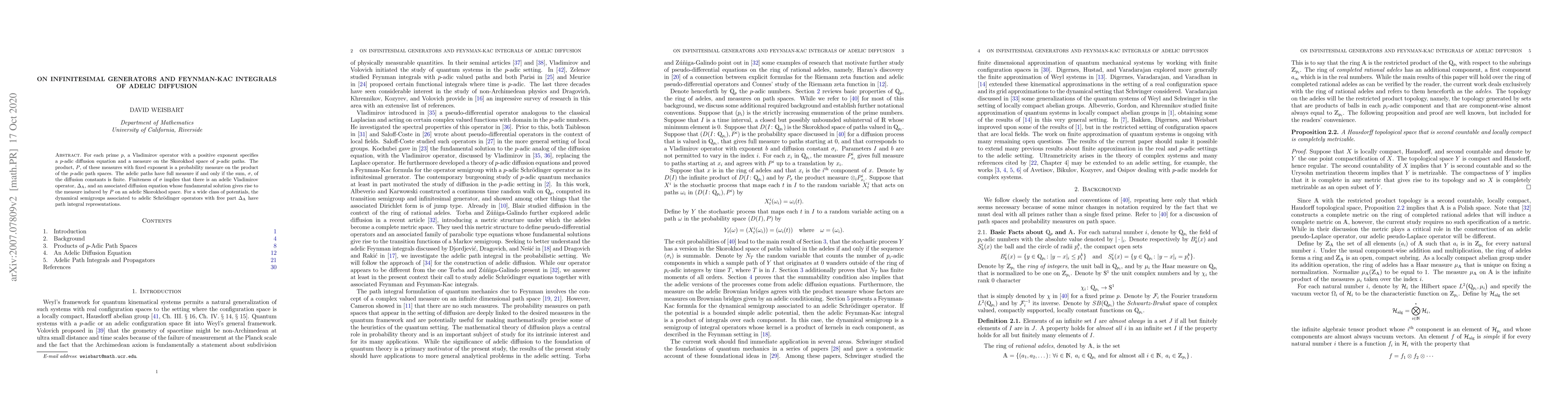 Thumbnail for On Infinitesimal Generators and Feynman-Kac Integrals of Adelic
  Diffusion