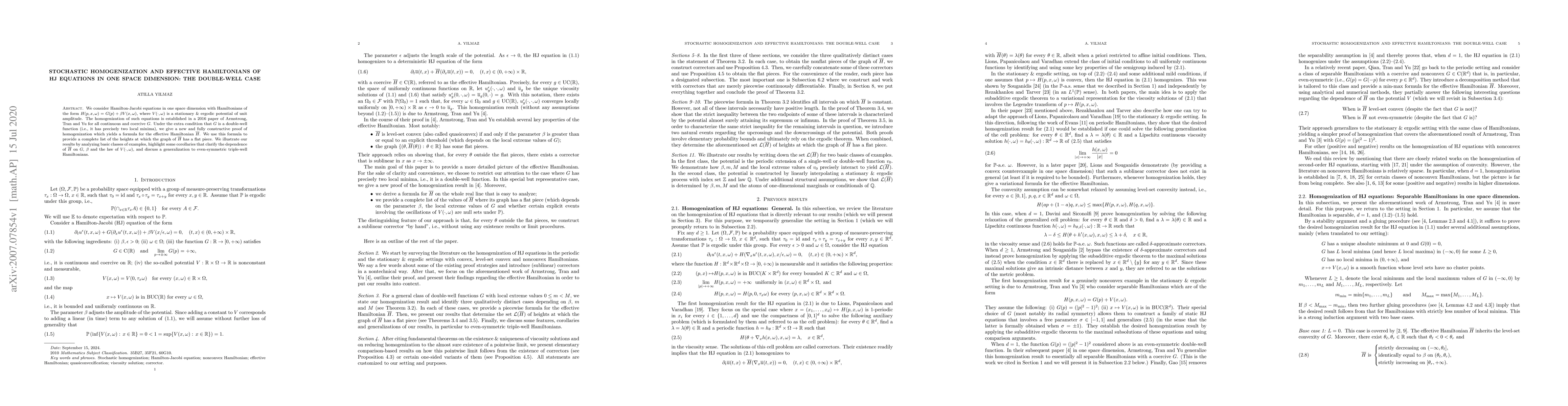 Thumbnail for Stochastic homogenization and effective Hamiltonians of HJ equations in
  one space dimension: The double-well case