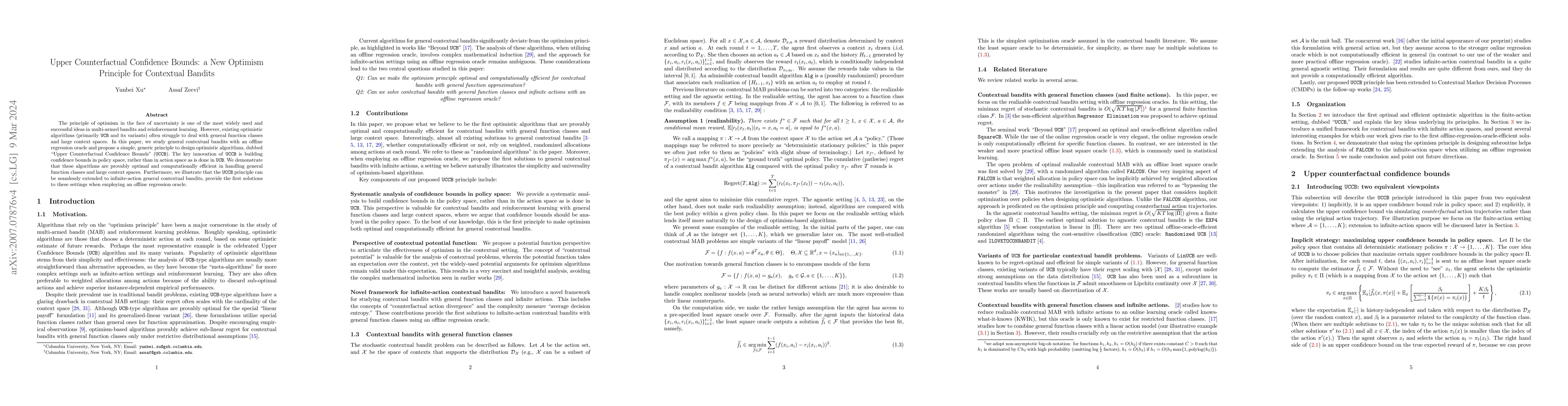 Thumbnail for Upper Counterfactual Confidence Bounds: a New Optimism Principle for
  Contextual Bandits
