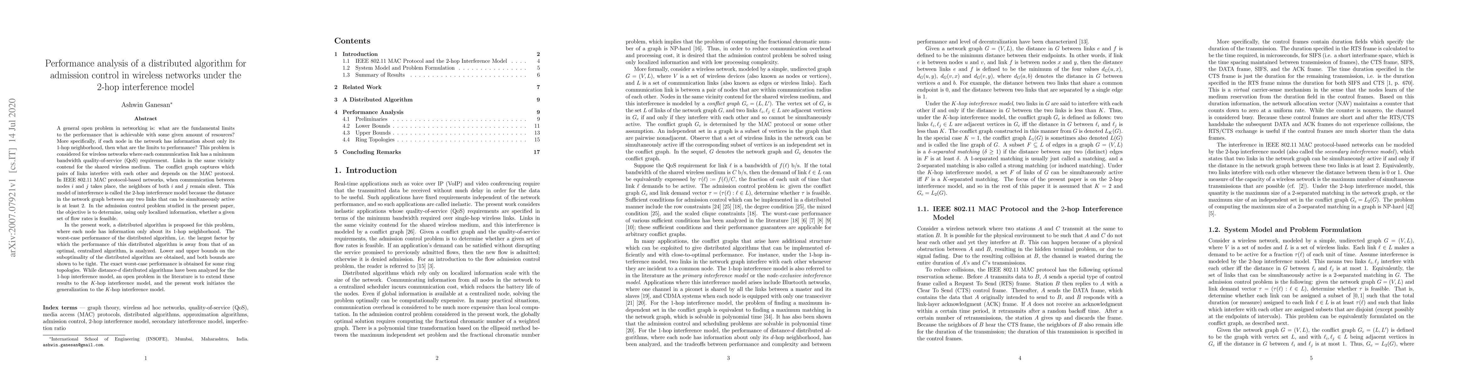 Thumbnail for Performance analysis of a distributed algorithm for admission control in
  wireless networks under the $2$-hop interference model