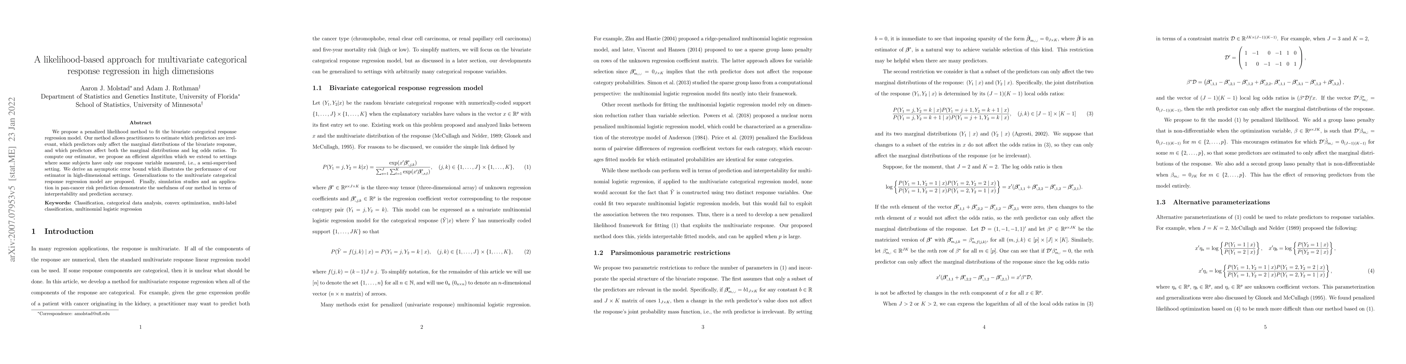 Thumbnail for A likelihood-based approach for multivariate categorical response
  regression in high dimensions