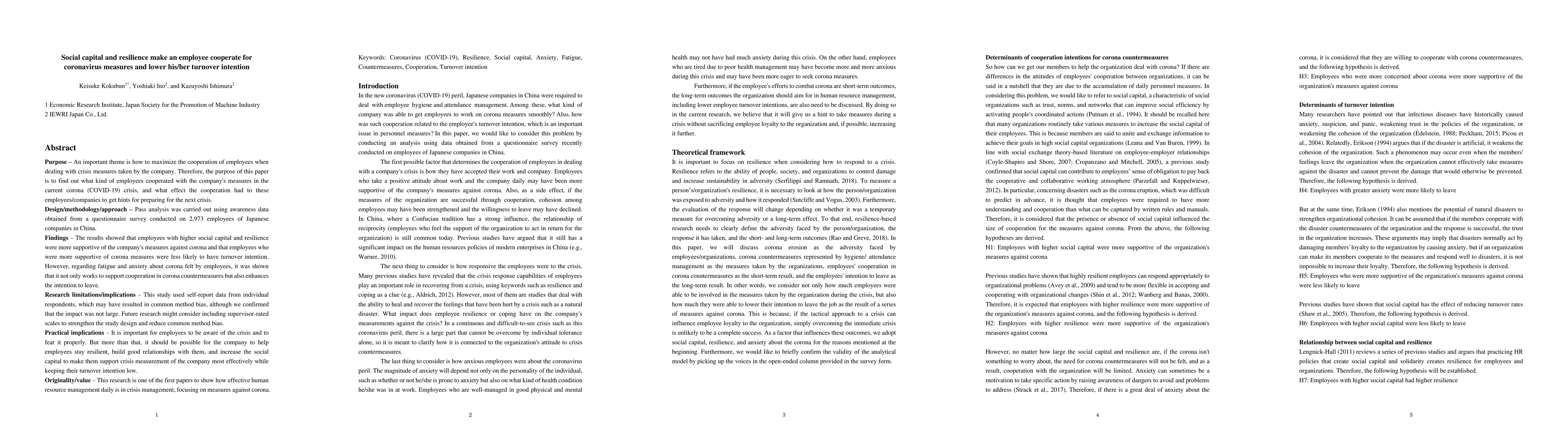 Thumbnail for Social capital and resilience make an employee cooperate for coronavirus
  measures and lower his/her turnover intention