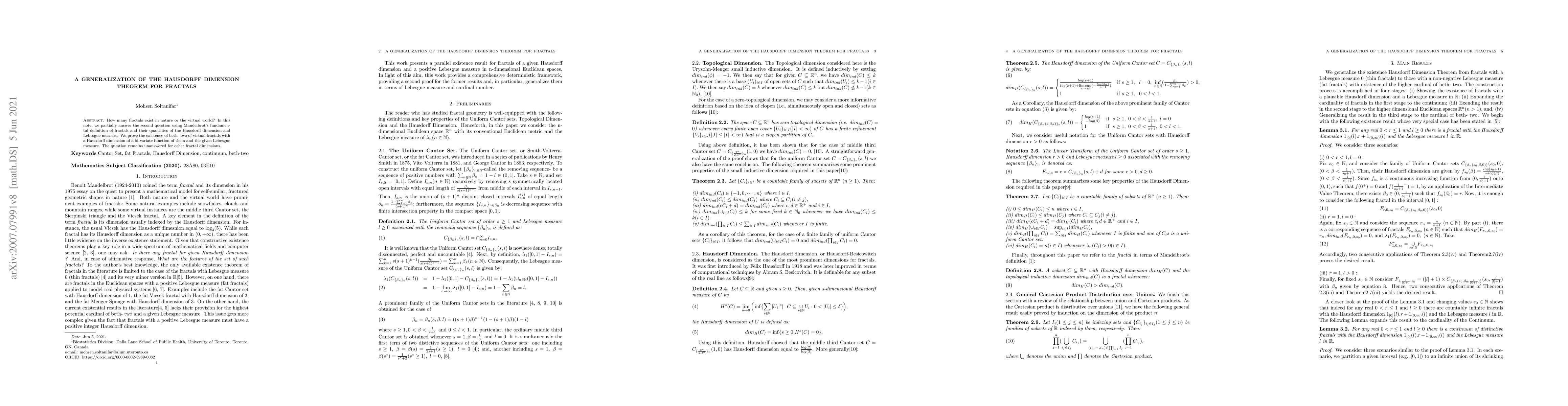 Thumbnail for A Generalization of the Hausdorff Dimension Theorem for Fractals