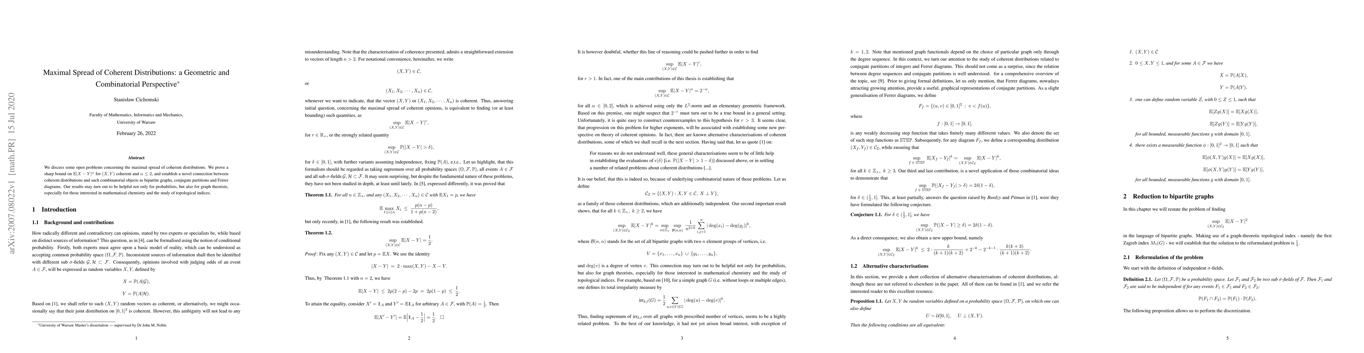 Thumbnail for Maximal Spread of Coherent Distributions: a Geometric and Combinatorial
  Perspective