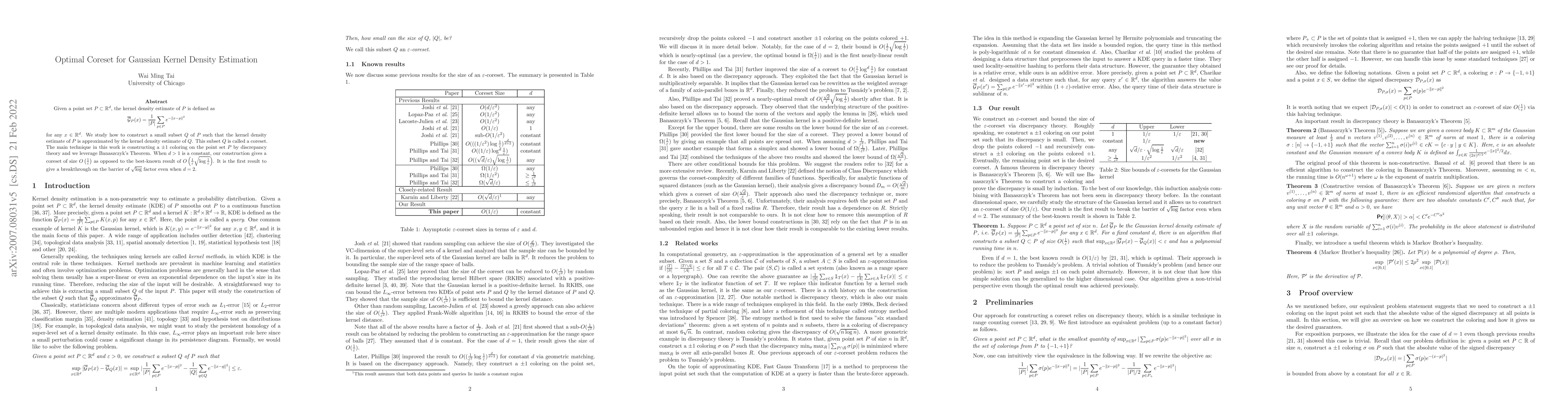 Thumbnail for Optimal Coreset for Gaussian Kernel Density Estimation