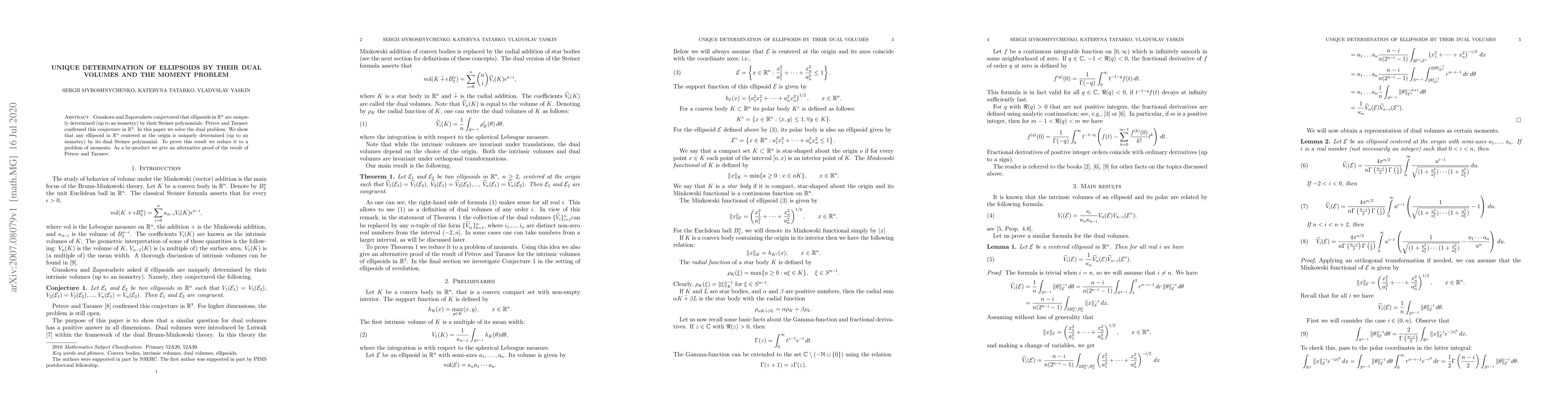 Thumbnail for Unique determination of ellipsoids by their dual volumes and the moment
  problem