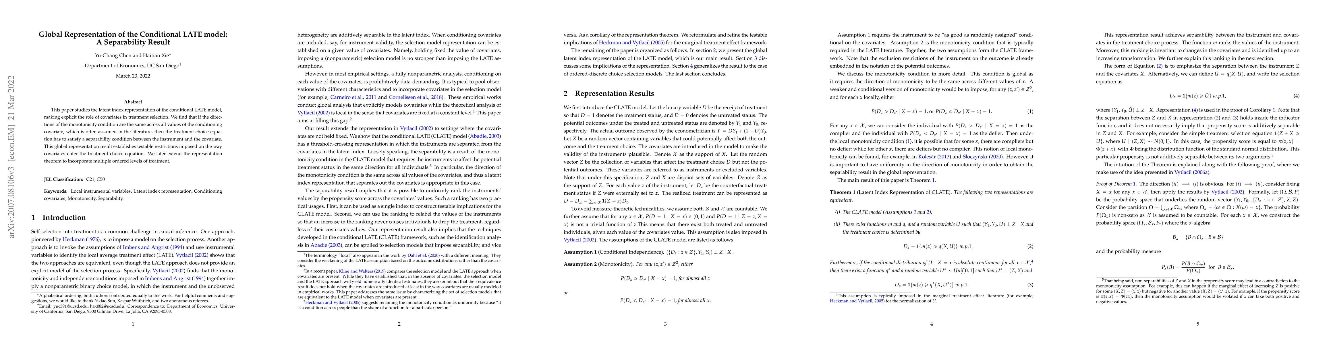 Thumbnail for Global Representation of the Conditional LATE Model: A Separability
  Result