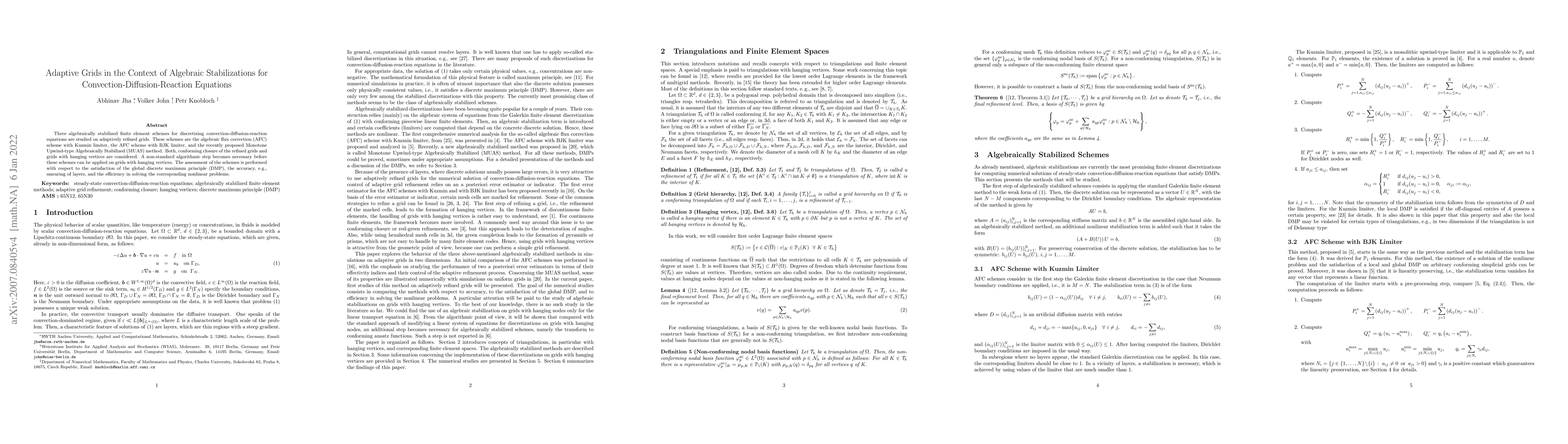 Thumbnail for Adaptive Grids in the Context of Algebraic Stabilizations for
  Convection-Diffusion-Reaction Equations