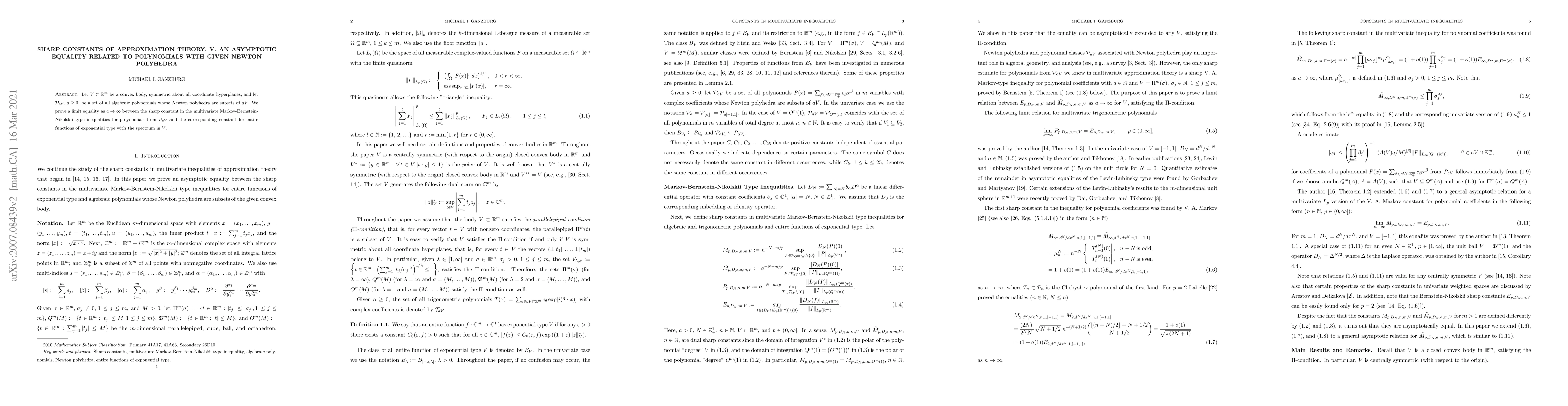 Thumbnail for Sharp Constants of Approximation Theory. V. An Asymptotic Equality
  Related to Polynomials with Given Newton Polyhedra