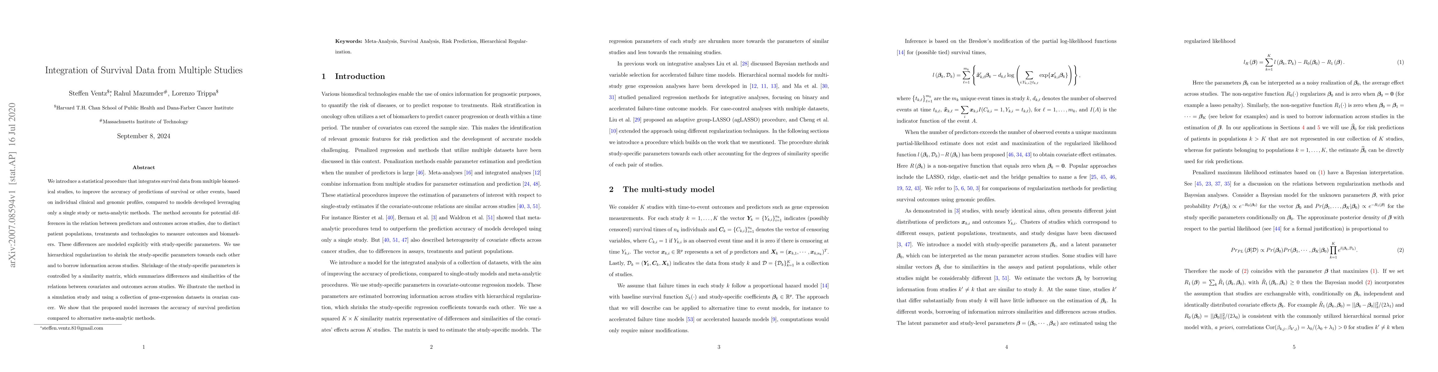 Thumbnail for Integration of Survival Data from Multiple Studies