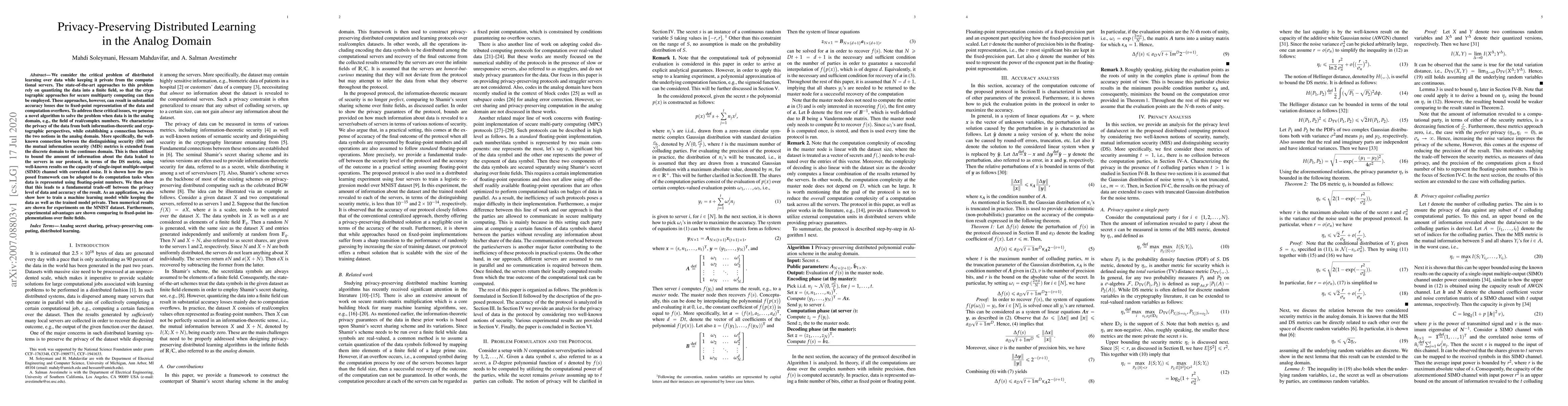 Thumbnail for Privacy-Preserving Distributed Learning in the Analog Domain