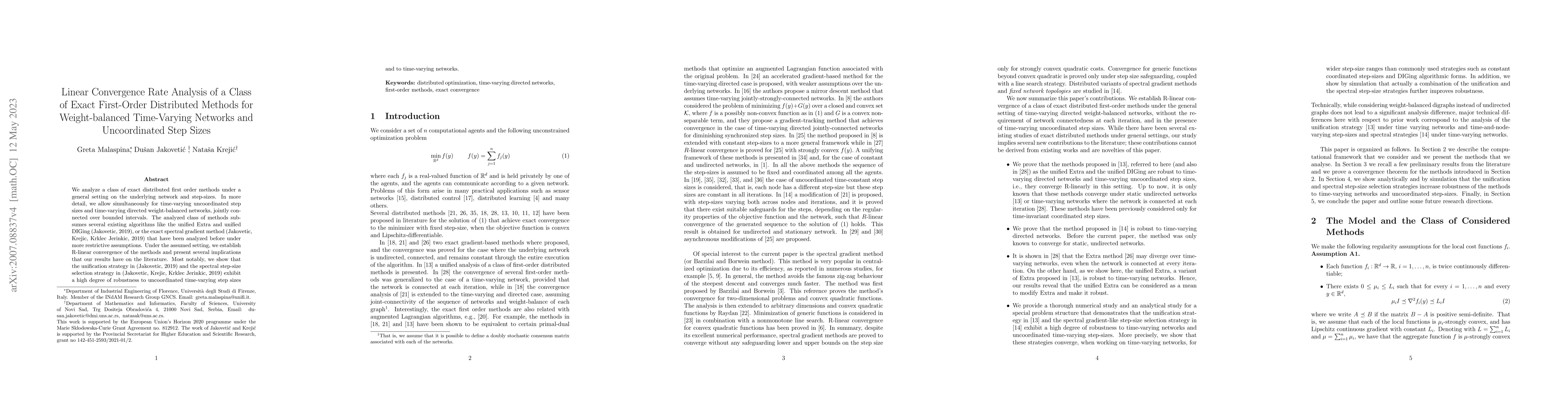 Thumbnail for Linear Convergence Rate Analysis of a Class of Exact First-Order
  Distributed Methods for Weight-Balanced Time-Varying Networks and
  Uncoordinated Step Sizes