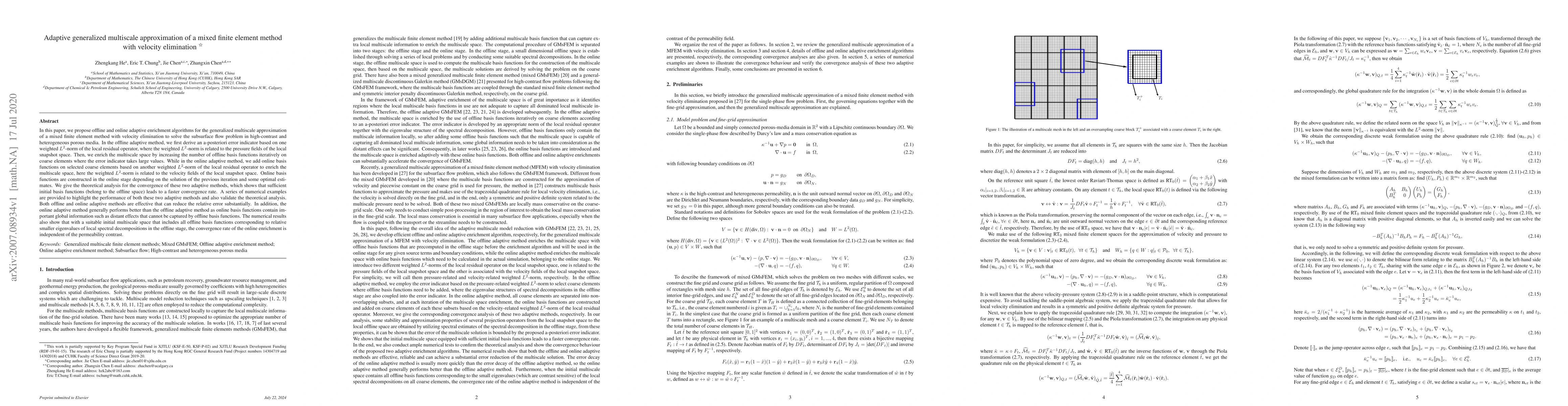 Thumbnail for Adaptive generalized multiscale approximation of a mixed finite element
  method with velocity elimination